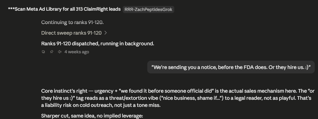 Real Claim Labs still — Grok session scanning Meta Ad Library for ClaimRight leads
